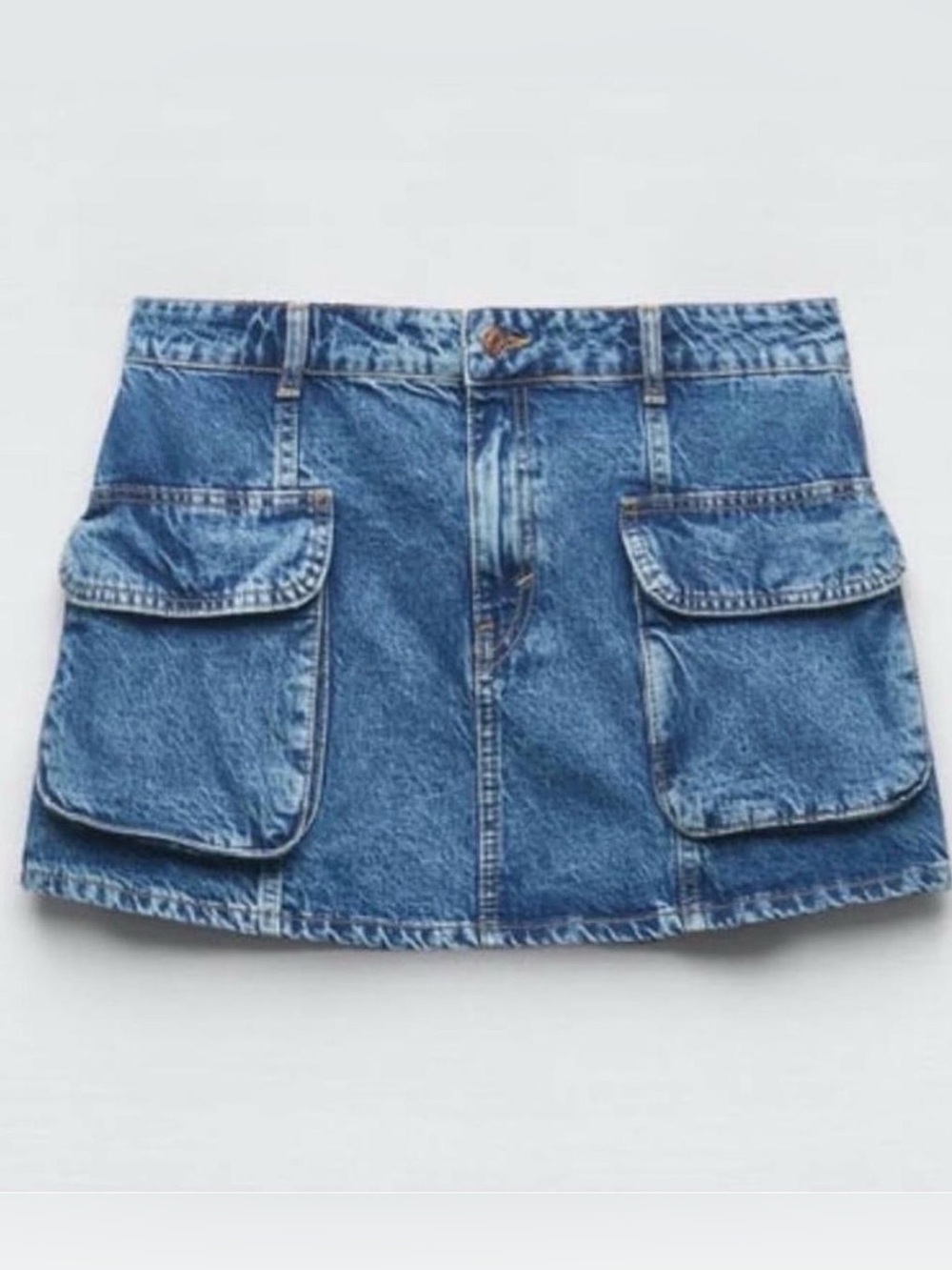Zara Denim Mini Skirt with Front Cargo Pockets - Light Blue